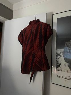 Maroon and black polkadotted belted shirt