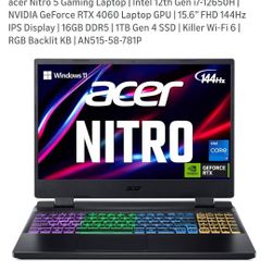 acer Nitro 5 Gaming Laptop | Intel 12th Gen i7-12650H | NVIDIA GeForce RTX 4060 Laptop GPU | 15.6” FHD 144Hz IPS Display | 16GB DDR5 | 1TB Gen 4 SSD |