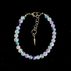 Rainbow Fluorite Crystal Bronze Feather Charm Bracelet Handmade by Master Energy Healer Healing