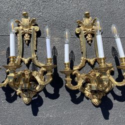 Vintage 1950’s French Empire Brass Gold Tone 3 Arm 3 Light Candelabra Style Wall Sconces