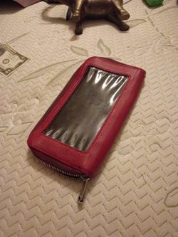 Red Leather Zip Wallet with Clear Window