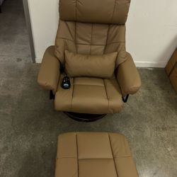 Recliner Chair & Ottoman w/ Massage and Lumbar Pillow, 360 Degree Swivel Wood Base, Faux Leather 9068