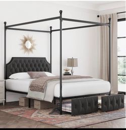 Full Upholstered Canopy Bed Frame with 2 Storage Drawers & Button Tufted Headboard, Metal Platform Bed with 4 Removable Posts, Two-Purpose Velvet Bed,