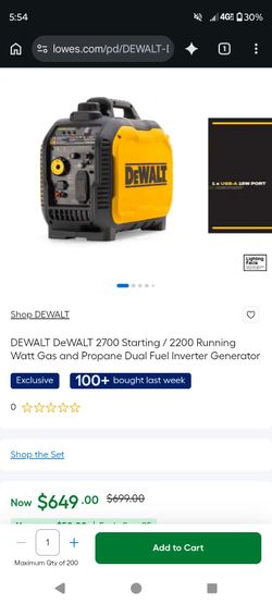 Brand new in the box DEWALT 2700 Starting / 2200 Running Watt Gas and Propane Dual Fuel Inverter Generator