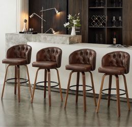 26" Swivel Counter Height Bar Stools with Back Set of 4, Brown Leather Kitchen Stools