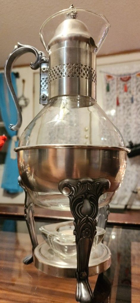 Antique Sheridan Silver and Glass Carafe for Tea or Coffee with Stand