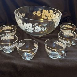 Vintage Glass Punch Bowl Set With Cups