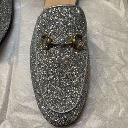 Glitter Silver Size 10 Women’s Flat Slides Used Guc With Gold Tone Hardware 