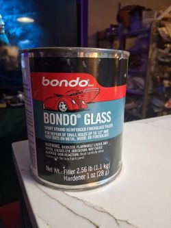 Bondo Glass – Short Strand Reinforced Fiberglass Filler

Size: 2.56 lb (1.1 kg) filler with 1 oz (28 g) hardener.

What it does: Heavy-duty fiberglass