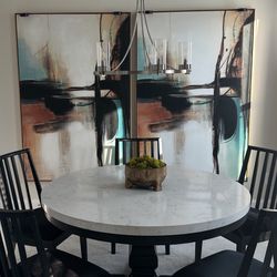 54 Round Marble Table With A Black Wooden Base And 5 Woodblock Velvet Chairs 