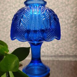 Vintage COBALT BLUE ETCHED GLASS Fairy Lamp Candleholder 