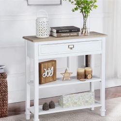 Wnutrees Console Sofa Table with Drawers, 3-Tier Farmhouse Entryway End Table with Open Storage Shelves, Accent Side Table for Hallway Living Room, Wo