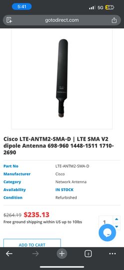 Cisco LTE-ANTM2-SMA-D | LTE SMA V2 dipole Antenna 698-(contact info removed)-1511 1(contact info removed)
