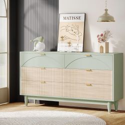 New assembled 6-Drawer Dresser for Bedroom: 55 Inches Moden Chest of Drawers with Gold Metal Handles, Mint Green Long Double Dresser Organizer Wooden 