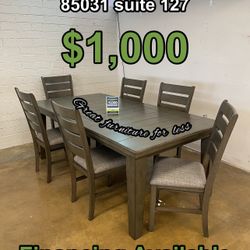 7 PCs Dining Table Set Grey Wood Include Table With 6 Chairs