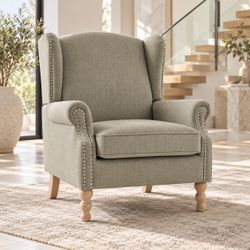 Grayish Green Wingback Accent Chair with Nailhead Trim