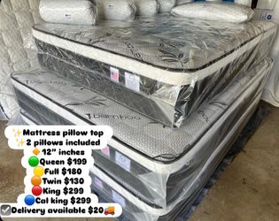 ✨Mattress pillow top  ✨2 pillows included 🔸12” inches 🟢Queen $199 🟡Full $180 🟠Twin $130 🔴King $299 🔵Cal king $299 ☑️Delivery available $20🚚