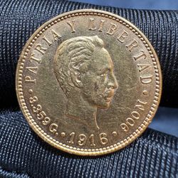 1916 5 Pesos CUBA 0.9000 Gold Coin KM# 19 8.3592g  PATRIA Y LIBERTAD