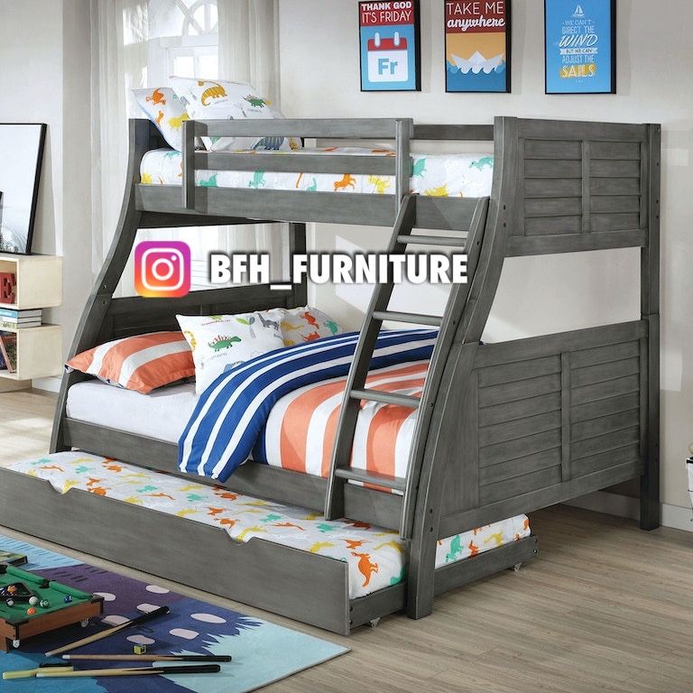 Twin/Full/Twin Gray Hoover Collection Bunk bed w. Orthopedic Mattresses Included