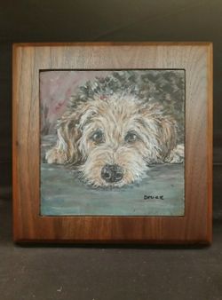 Original Oil Painting Of Cute Dog On Slate Framed In Wood.  8×8" $200.