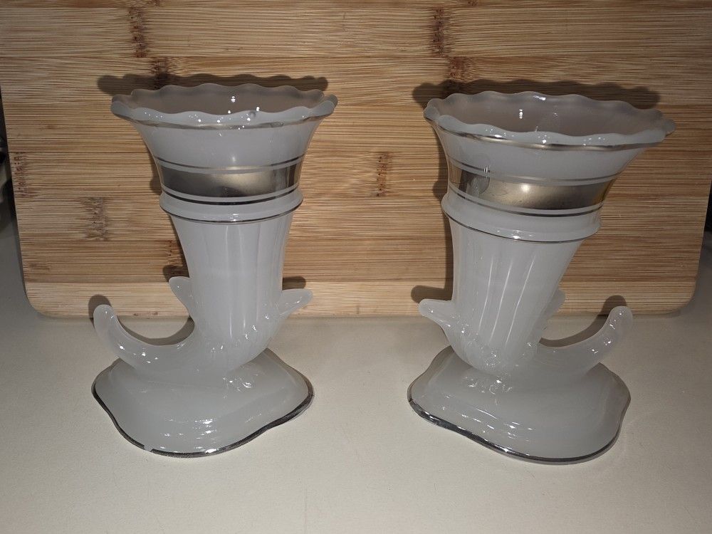Candlestick Holder Cornucopia Or Horn Of Plenty With Silver Trim Set Of 2 Vintage