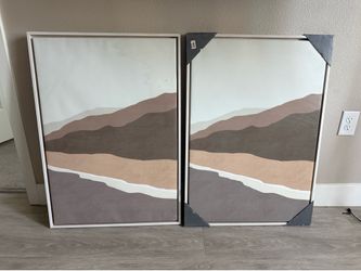 Set of 2 Modern Neutral Abstract Wall Art – Framed Canvas Prints