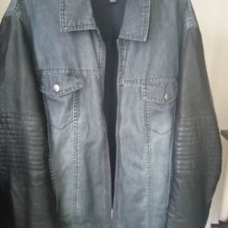 Used Michael Kors Dark Blue Denim Jacket W/Faux Leather Arms,  Large "WILD STYLE"  Patch On Back.