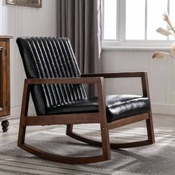 Leather Modern Rocking Chair Mid Century Armchair Upholstered Arm Chair with Padded Seat/Wood Frame, Comfy Rocker for Living Room/Bedroom, Retro Black