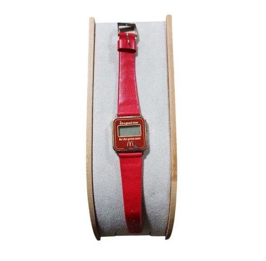 Vtg McDonald's Employee Red Leather Watch Calculation Screen Not Working Cracked