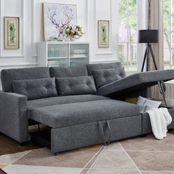 Sectional Sofa with Pullout Sleeper & Chaise Storage Grey Linen 3 Pillows Included 90"L x 57"D x 34"H