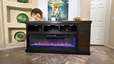 Beautiful rustic fireplace /tv stand with different colors of flames 75” inches long