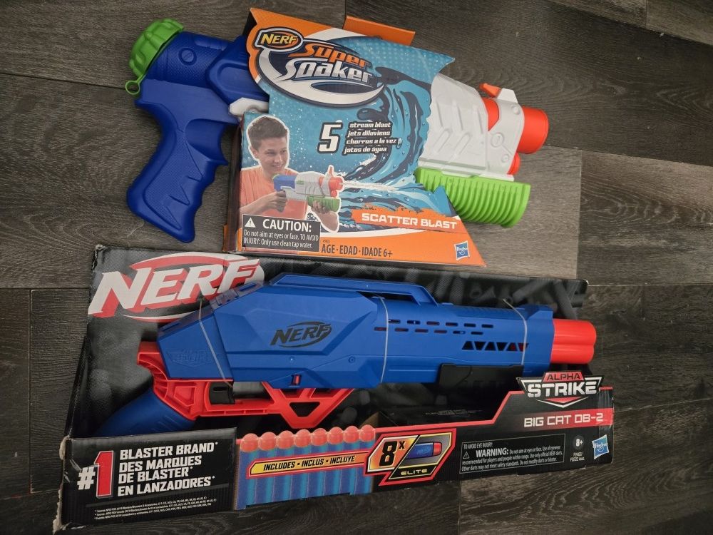 Nerf blasters x2, Super Soaker and Alpha Striker