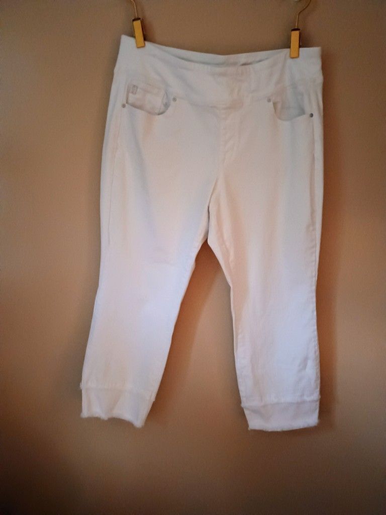 QVC Kim Gravel Tripleluxe Size 16 White Straight Leg Jean With Fringe Accent