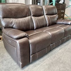 Fallon Leather Power Reclining Sofa with Power Headrests, Brown