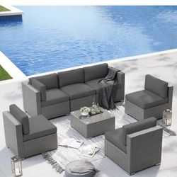 SUNCROWN 7-Piece Outdoor Patio Furniture Sofa Set All-Weather Wicker Sectional Conversation Set with Modern Glass Coffee Table and Cushions-light Gary
