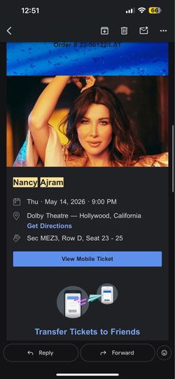 Selling (3) tickets to Nancy ajram Hollywood