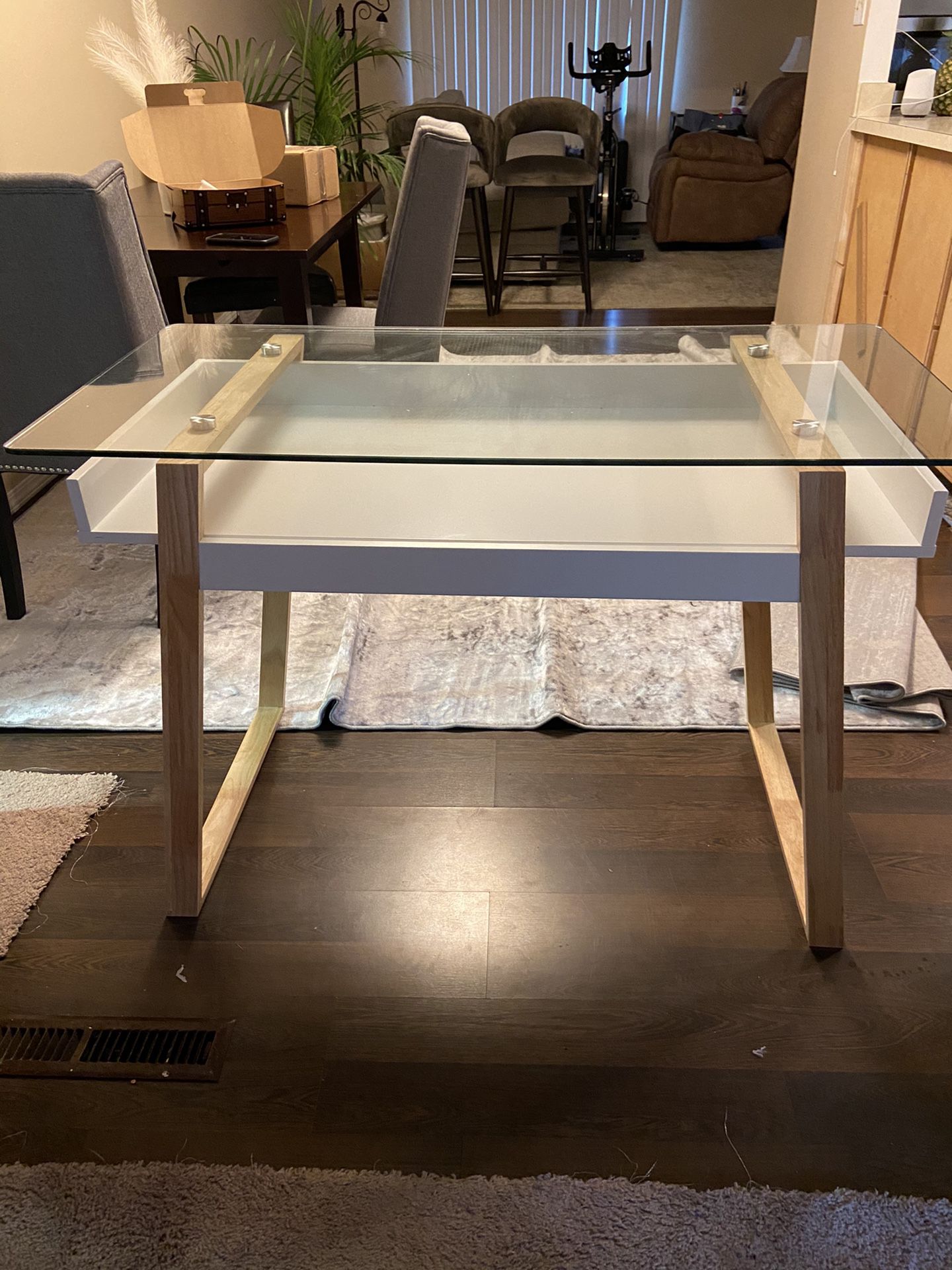 Brand new glass writing desk table poly and bark