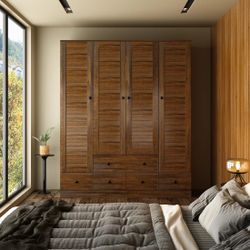 59.06" Modern White/Brown Large Wardrobe Closet Armoire with 4 Doors and 5 Drawers