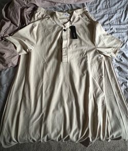 CooFandy Cream Short Sleeve Blouse with Button Placket Large