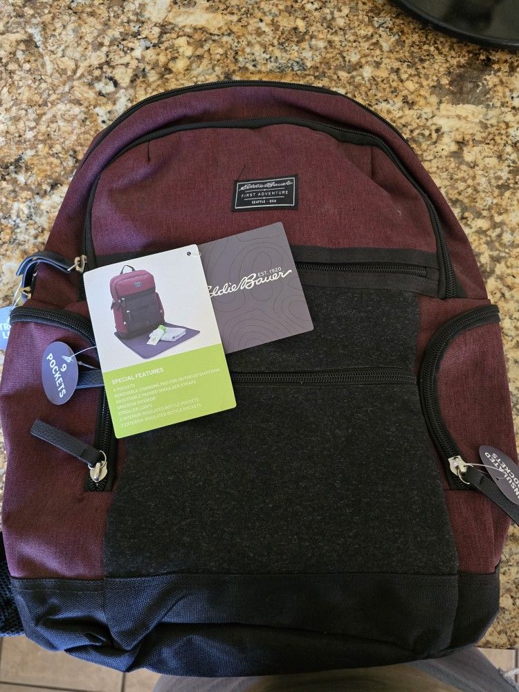 Eddie Bauer Backpack 9 Pocket Diaper Bag - Balck/maroon