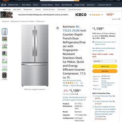 Kenmore 46-75525 29.88 Inch Counter-Depth French Door Refrigerator/Freezer with Fingerprint-Resistant Stainless Steel, Ice Maker, Quiet and Energy Eff