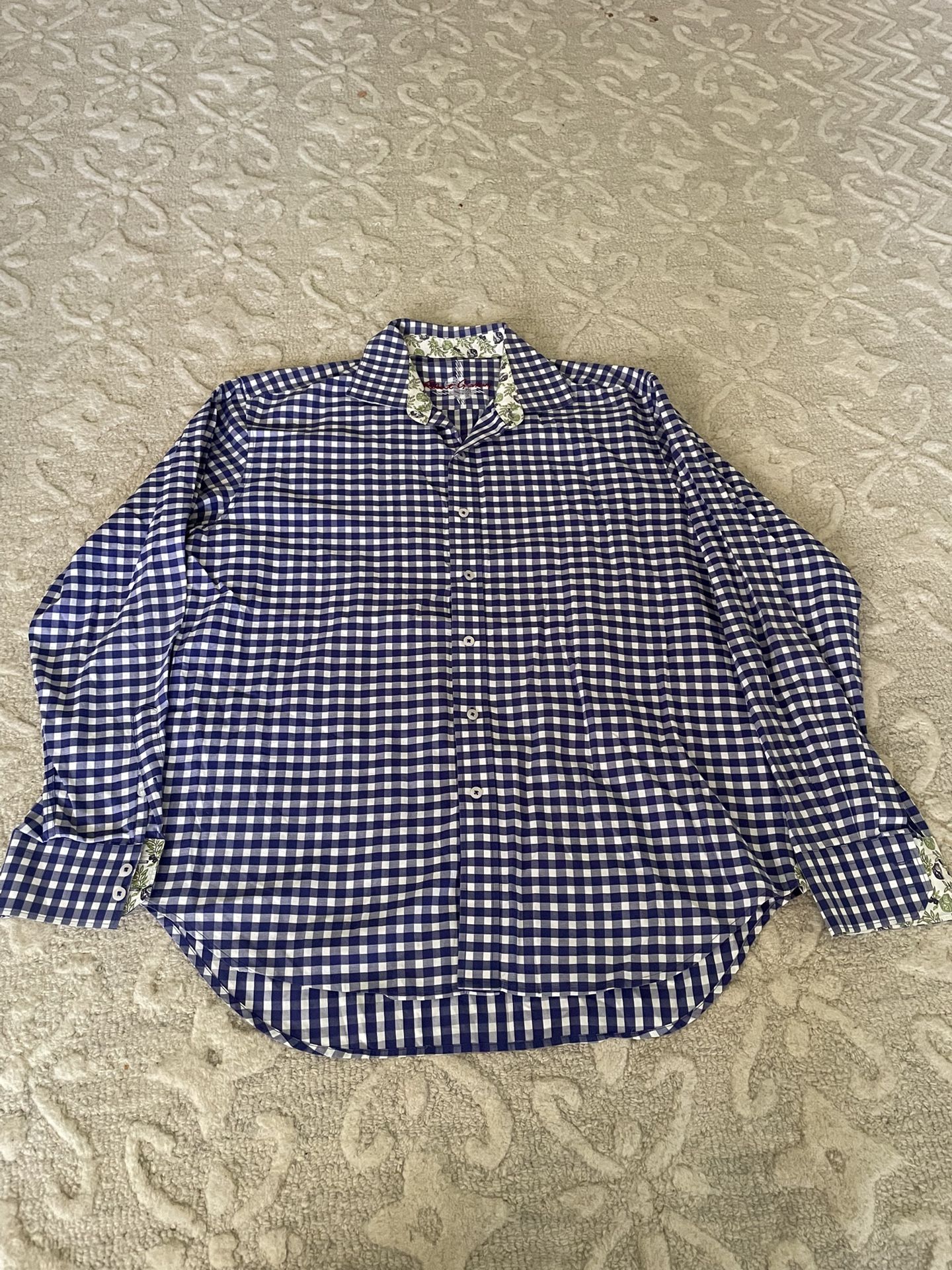 Robert Graham Shirt Blue Gingham Plaid Button Up Classic Flip Cuff Mens Size XL