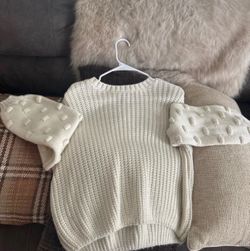 Cream Knit Sweater with Puff Sleeves