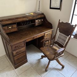 Vintage Solid Oak Roll Top Desk And Chair