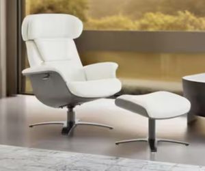 Theo Genuine Leather Recliner Swivel Chair with Ottoman and Adjustable Headrest for Living Room in White