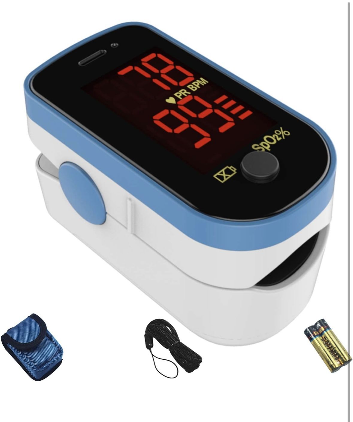 Finger Pulse Oximeter - Blue Blood Oxygen Monitor with Batteries - Portable O2 Saturation Sensor in Carry Pouch