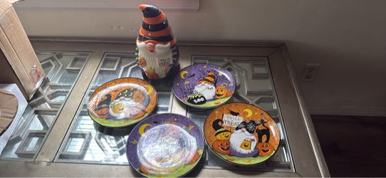 Halloween Gnome Cookie Jar and Plates Set