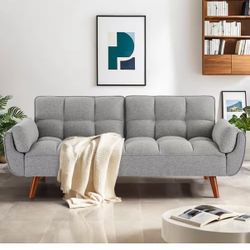  Elegant 75 in. Silver Gray Twin Size Sofa Bed Futon Convertible Couch Loveseat for Living Room