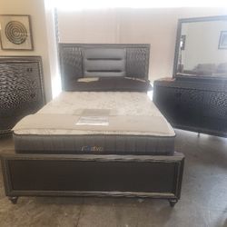 MODERN CONTEMPORARY BED SET, QUEEN BED, CHEST, DRESSER, MIRROR