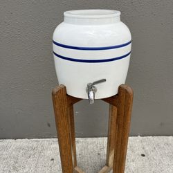 GEO Porcelain Ceramic Crock Water Dispenser w/ Wood Stand Blue / White Stripe 
